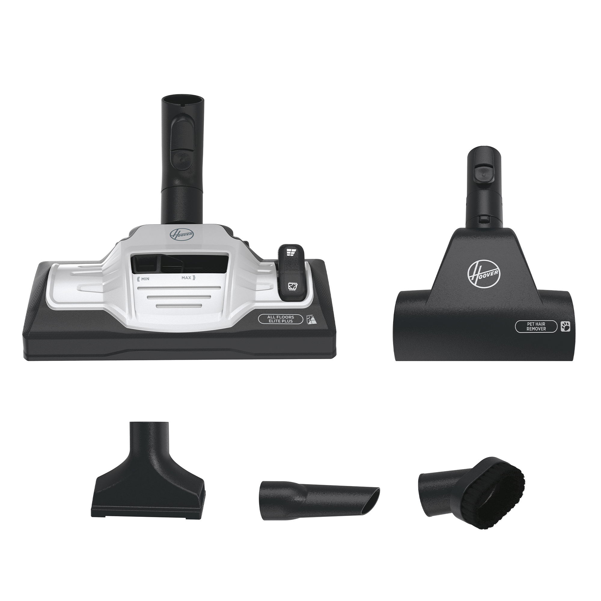 Akcesoria do odkurzacza na białym tle. Zawiera głowicę, dysze i szczotki. Widoczne logo Hoover.