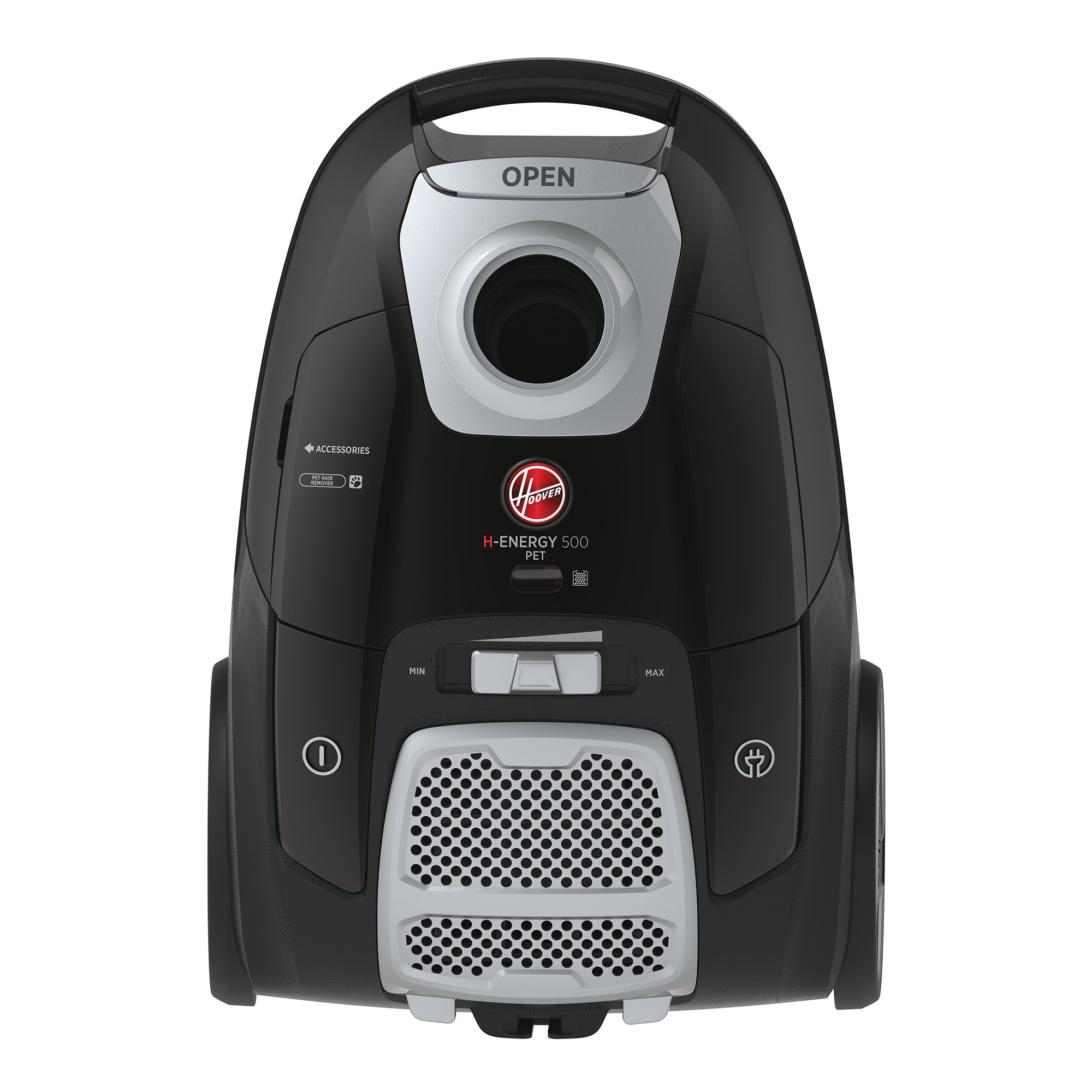 Czarny odkurzacz Hoover, ze srebrnym wierzchem i białym panelem przednim.