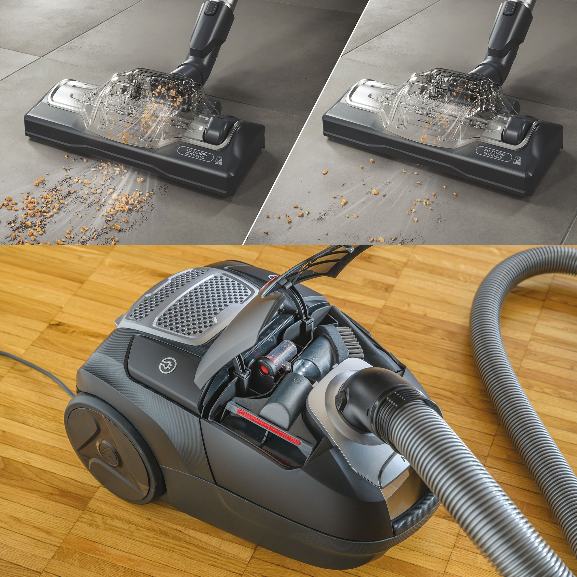 Dwa zdjęcia głowicy odkurzacza, z brudem i bez. Widoczny jest również korpus odkurzacza.