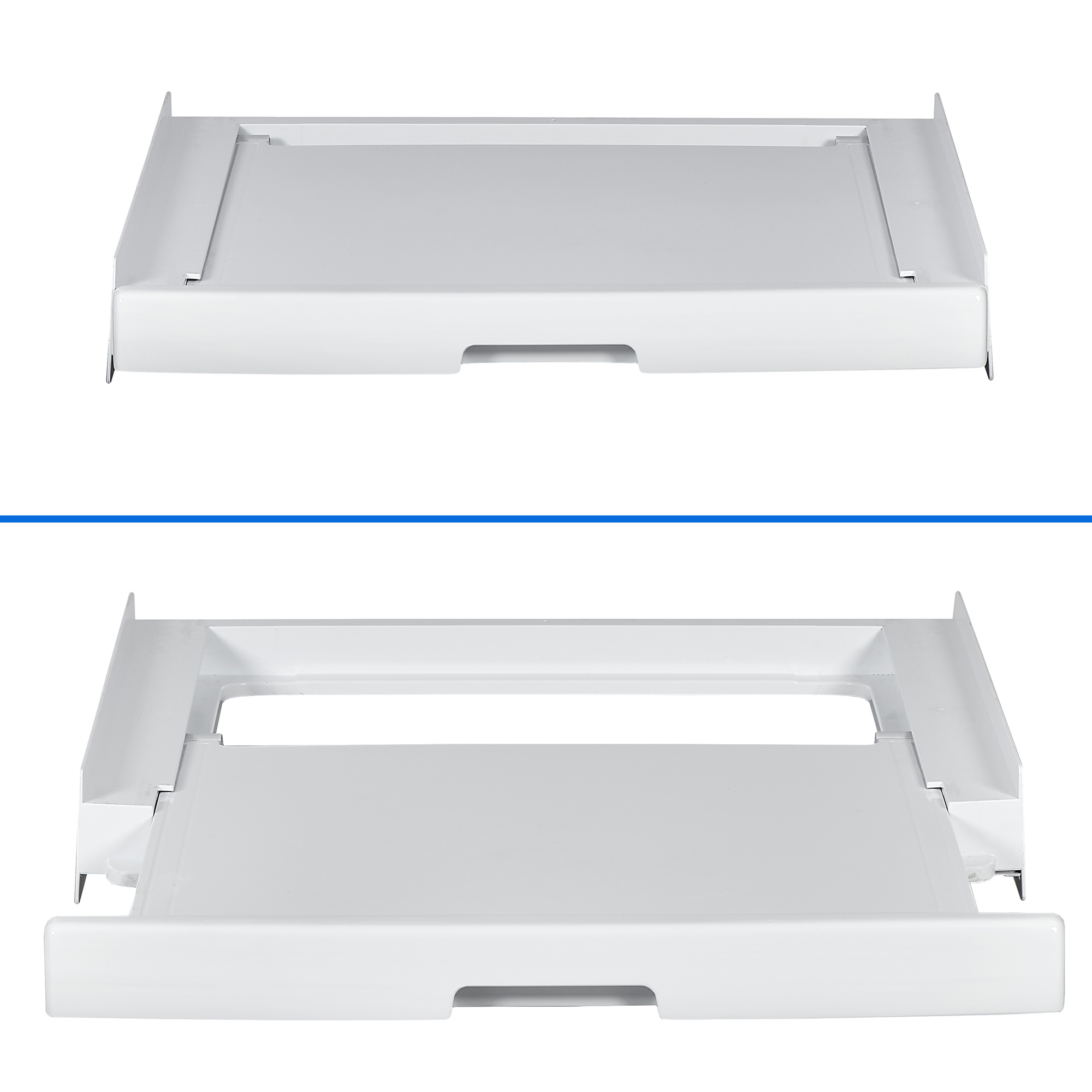 Dwie białe, prostokątne, przesuwne tace. Obie pokazane z góry.