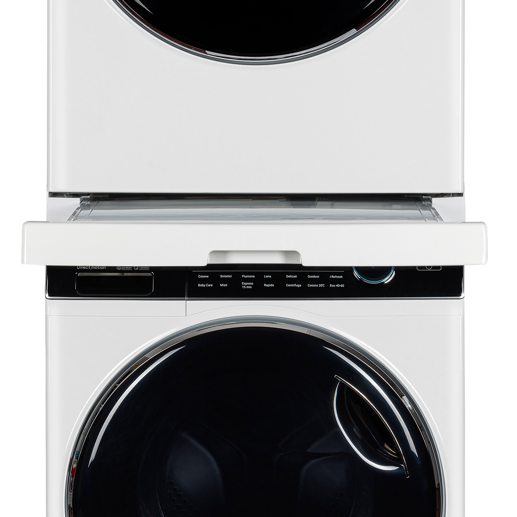 Biała pralka i suszarka. Czarny panel sterowania. Biała szuflada pomiędzy.