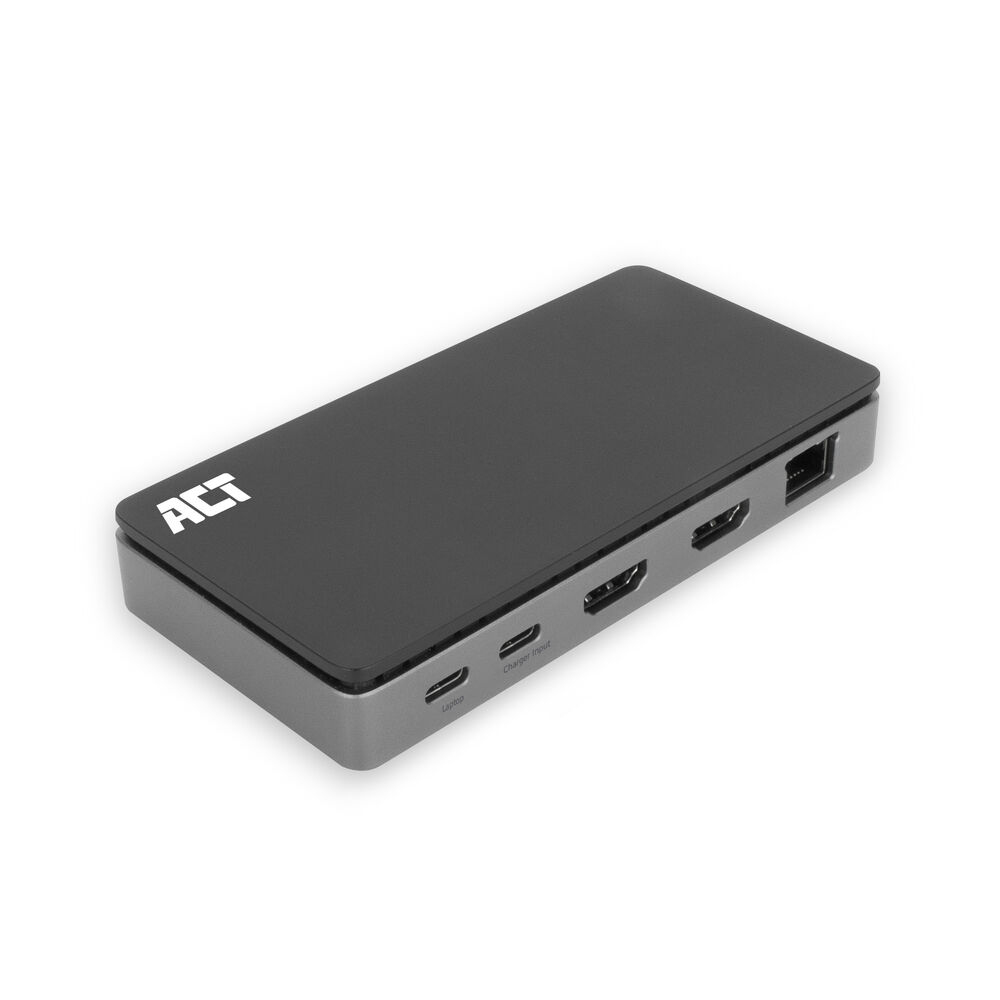 Hub USB ACT nero e grigio con più porte, su sfondo bianco.