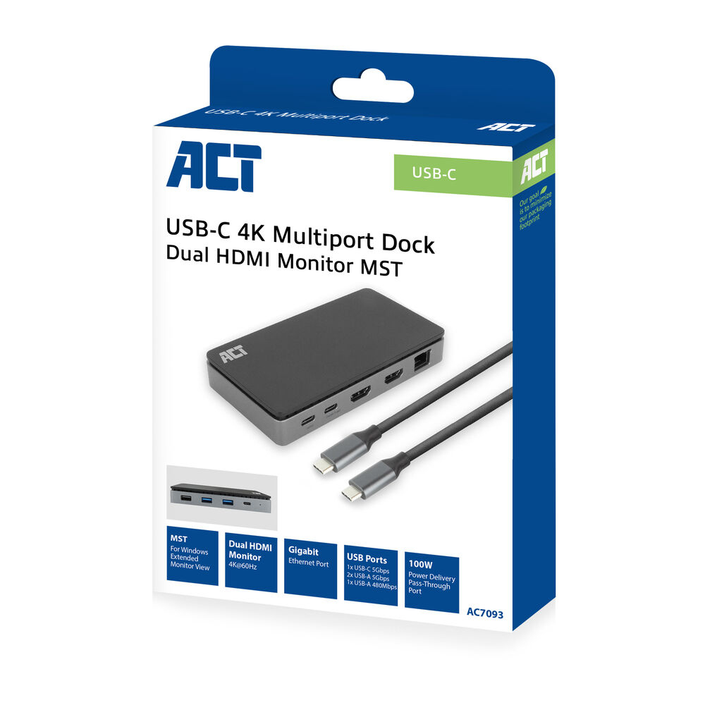 Una scatola con un dock multiporta USB-C. La scatola è bianca e blu.