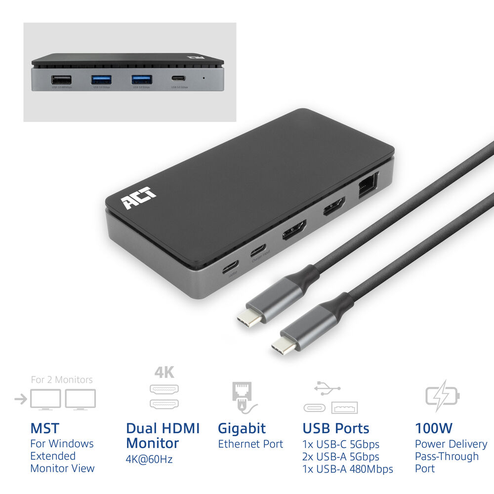 Una docking station ACT nera con varie porte e cavi.