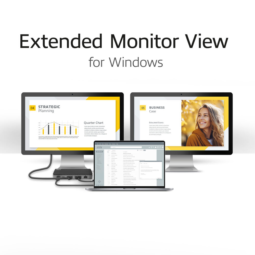 Due monitor e un laptop collegati a una docking station. I monitor mostrano grafici.