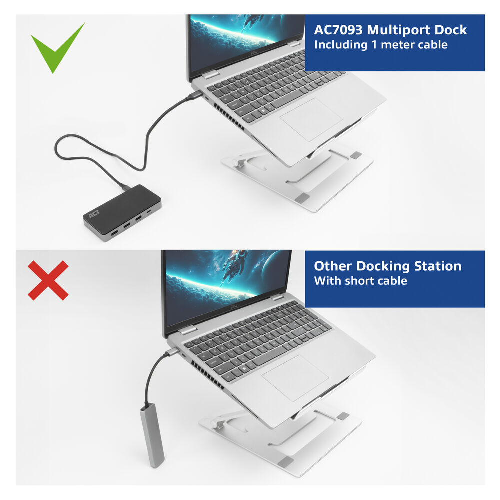 Diagramma che mostra la docking station ACT con laptop e un confronto con un'altra docking station.