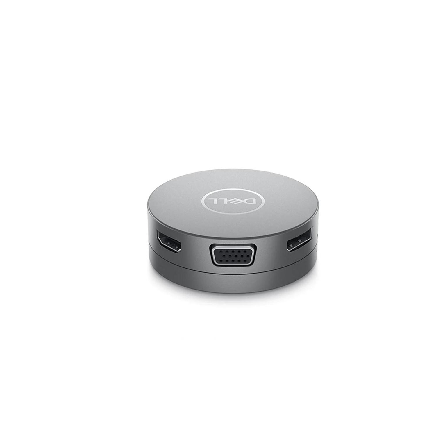 Hub Dell argento con porte HDMI, VGA e USB, su una superficie bianca.