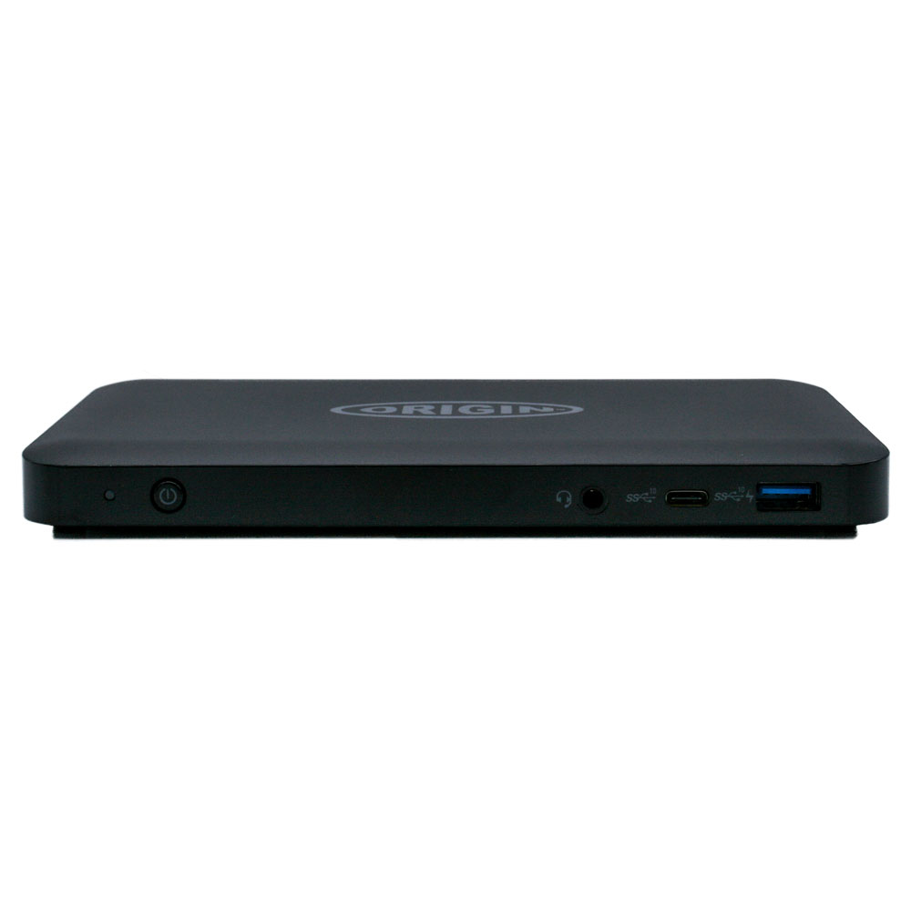Una docking station nera con porte audio, USB ed etichetta 'ORIGIN' in alto.