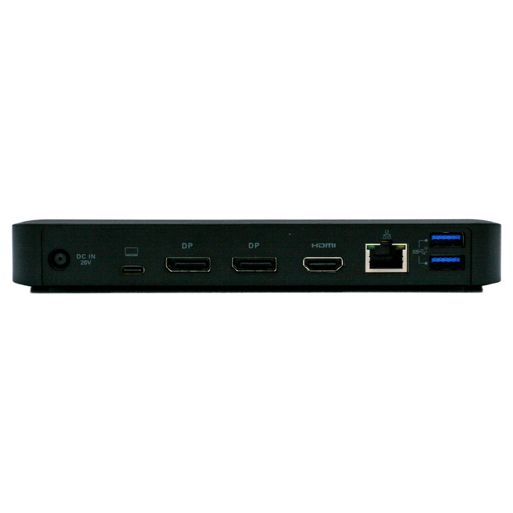 Docking station nera, vista posteriore, con varie porte: ingresso CC, USB, DP, HDMI e rete.