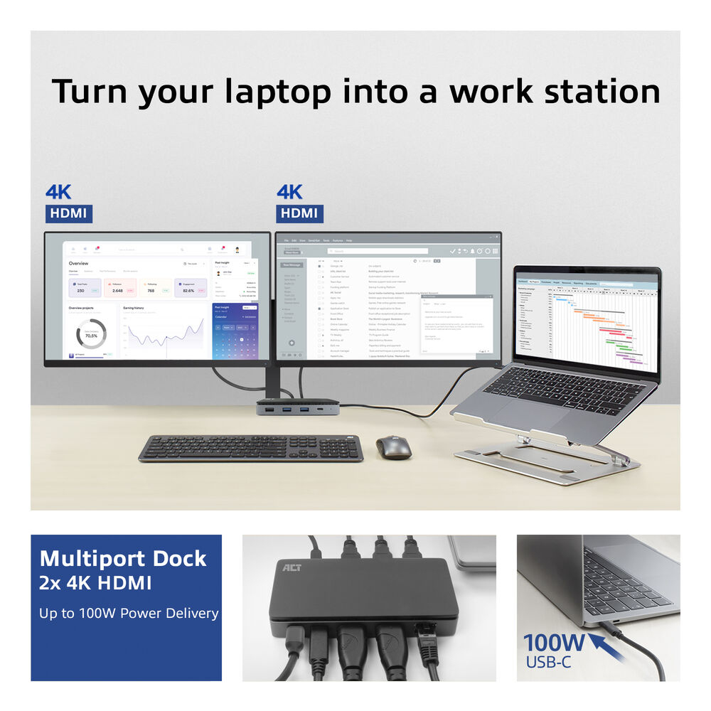 Configurazione postazione di lavoro con monitor, tastiera e dock.