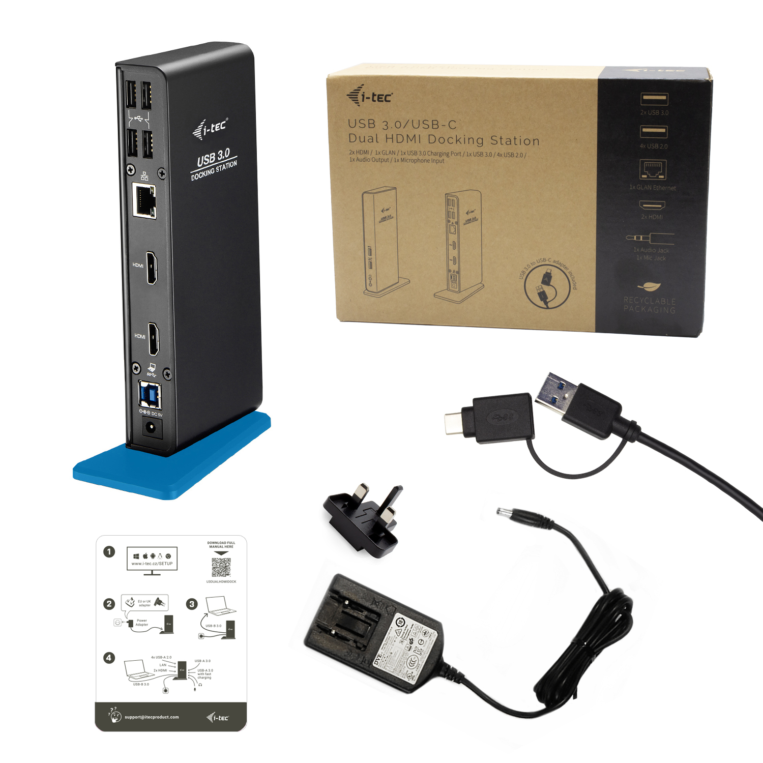 Una docking station USB 3.0 nera con cavi e accessori, incluso un adattatore di alimentazione.