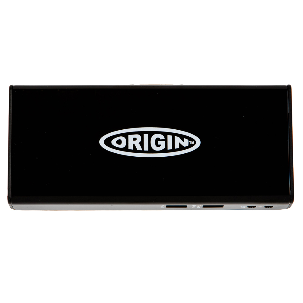 Docking station Origin nera con logo bianco sulla parte superiore. Sfondo bianco.