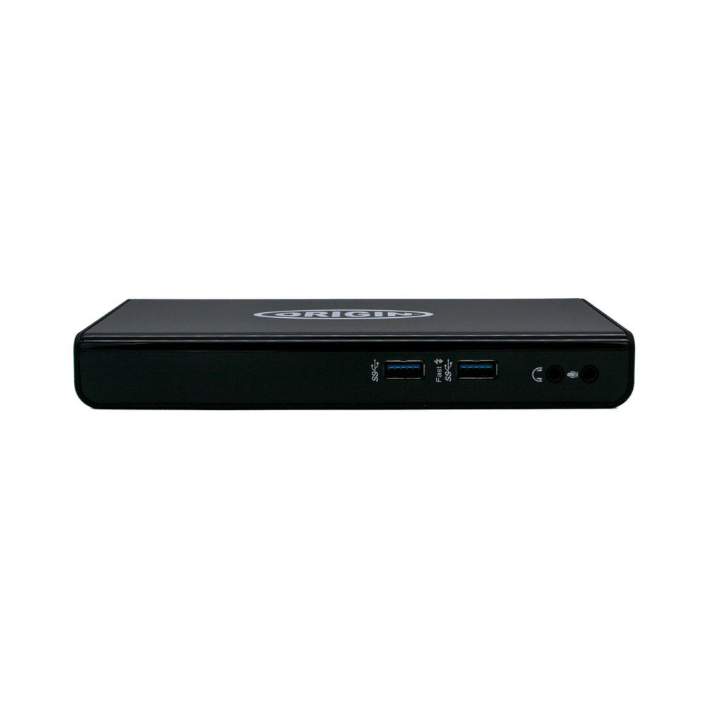Docking station Origin nera con porte, sfondo bianco.
