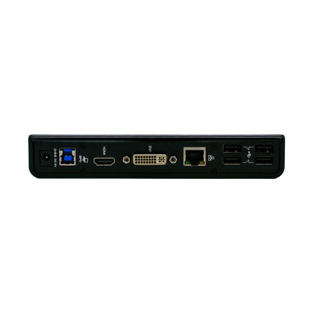 Retro docking station nera con porte per USB, HDMI, DVI, Ethernet e ingresso alimentazione.