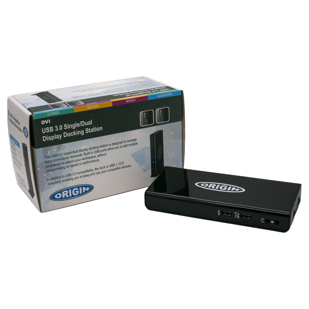 Docking station Origin in una scatola con accessori su sfondo bianco.