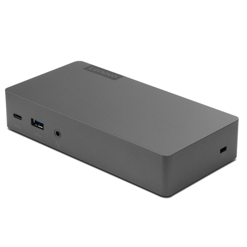 Un dock per computer Lenovo grigio con porte sulla parte anteriore.