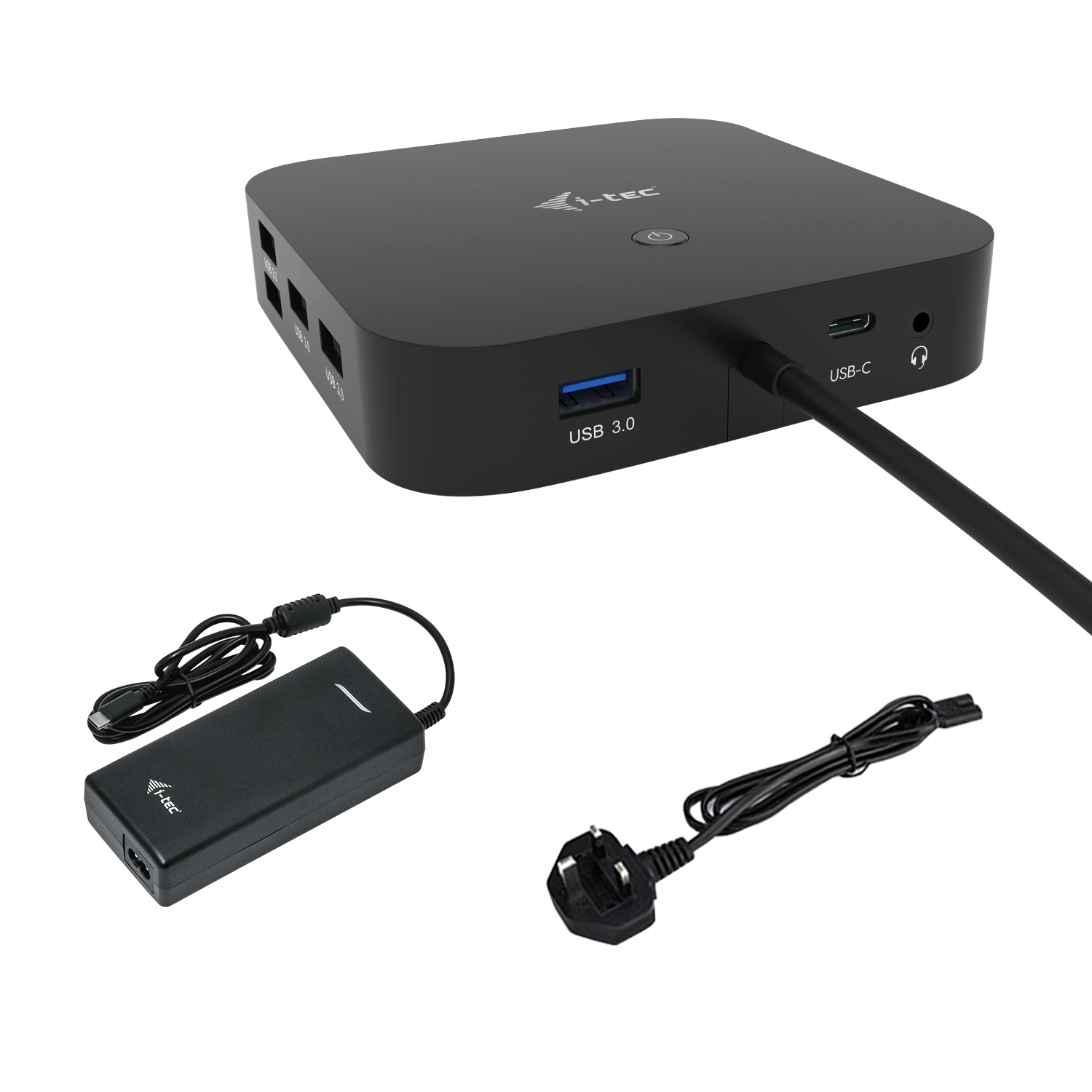Dispositivo informatico nero con alimentatore e cavo. Il dispositivo ha porte USB e USB-C.