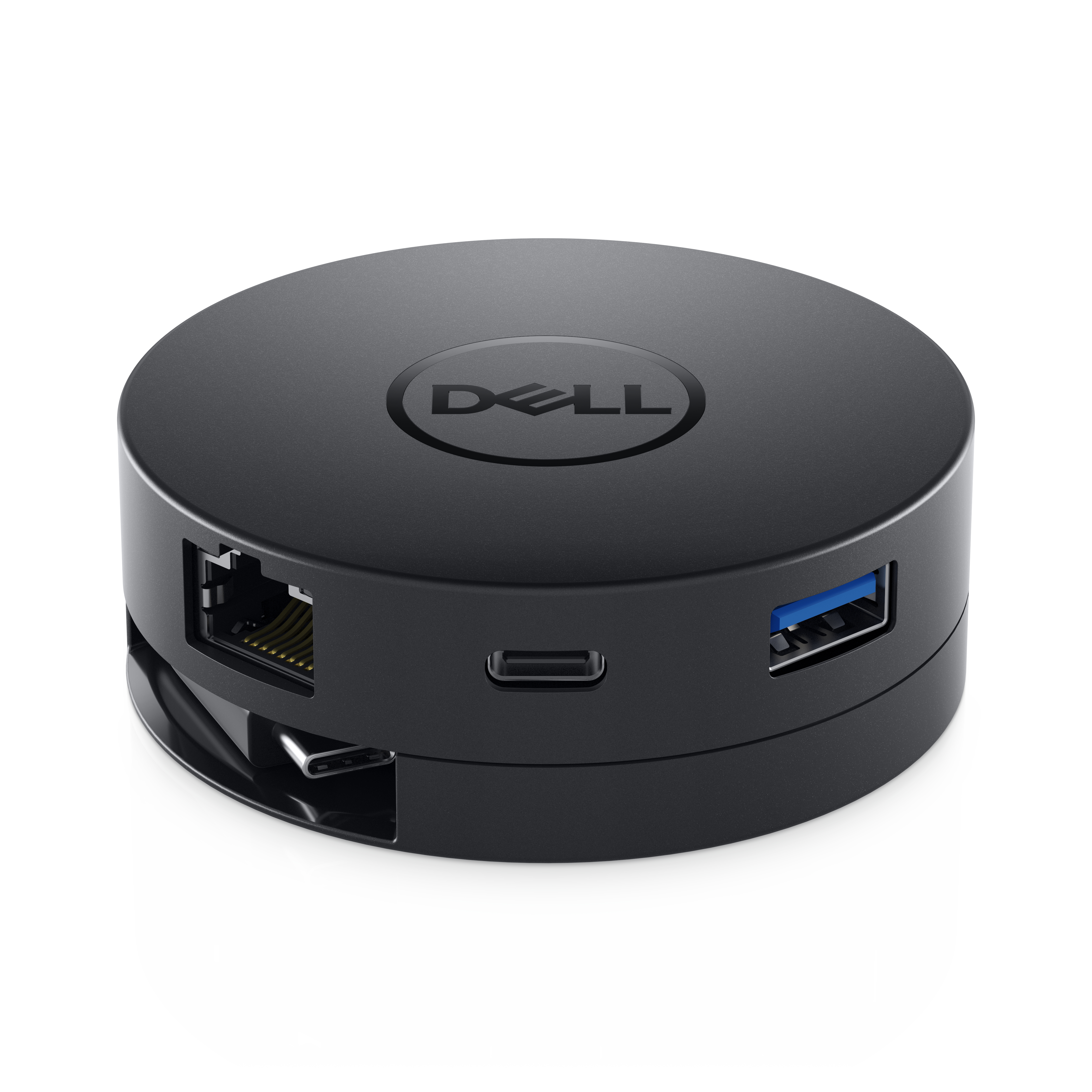 Docking station Dell nera con più porte. È un design rotondo e compatto.