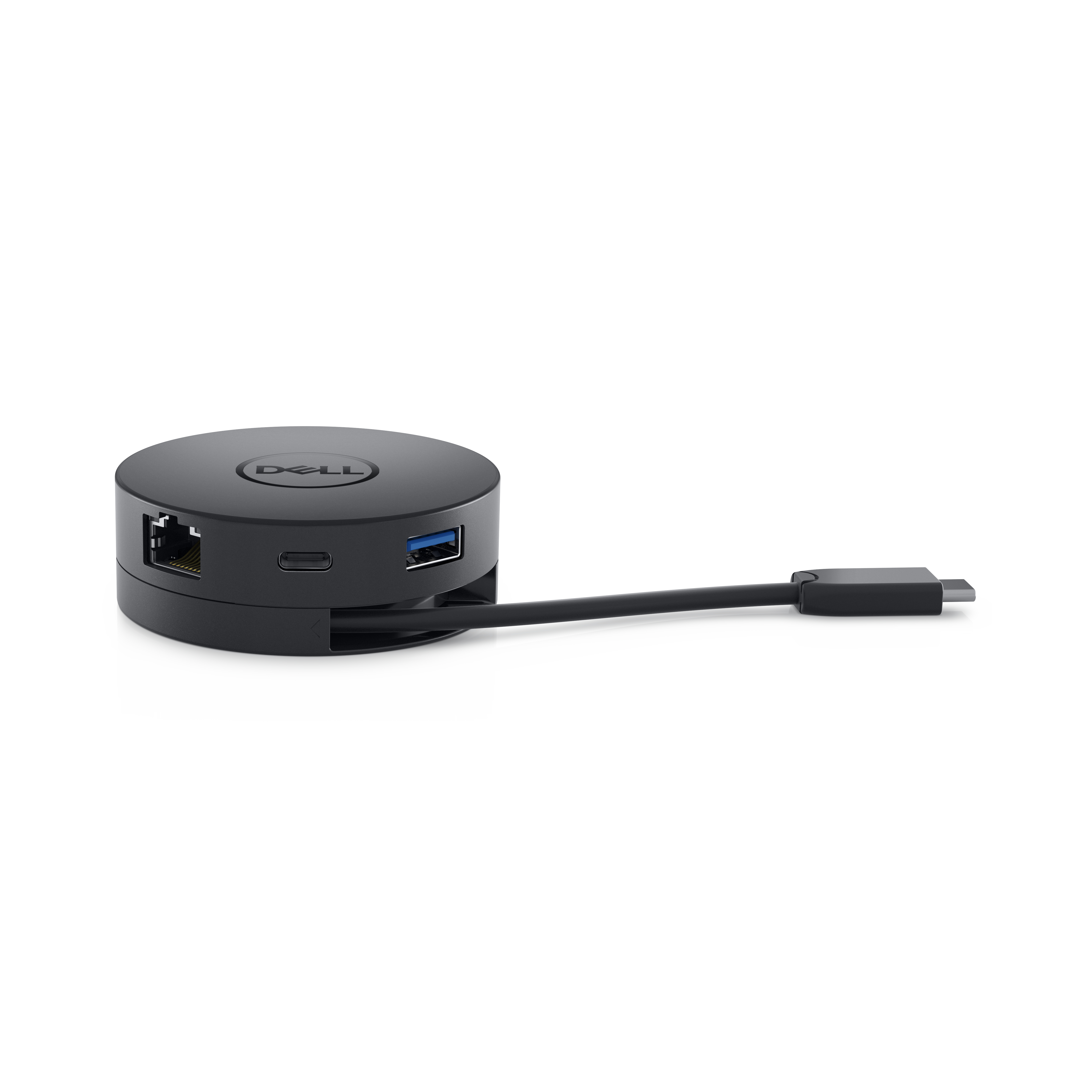 Un hub USB-C Dell nero e rotondo con più porte e un cavo collegato.
