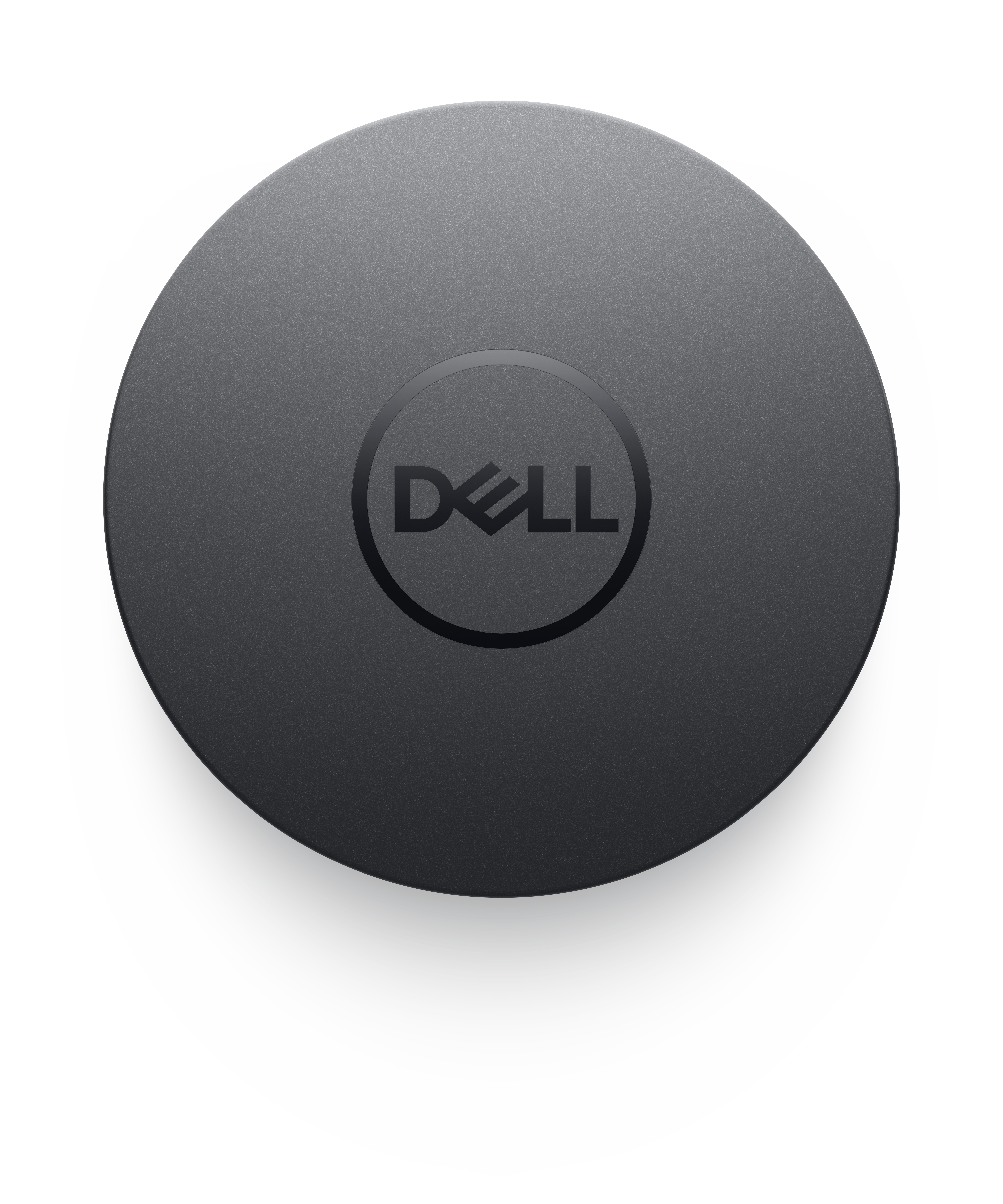 Vista dall'alto di un hub Dell nero con il logo Dell al centro, su una superficie bianca.