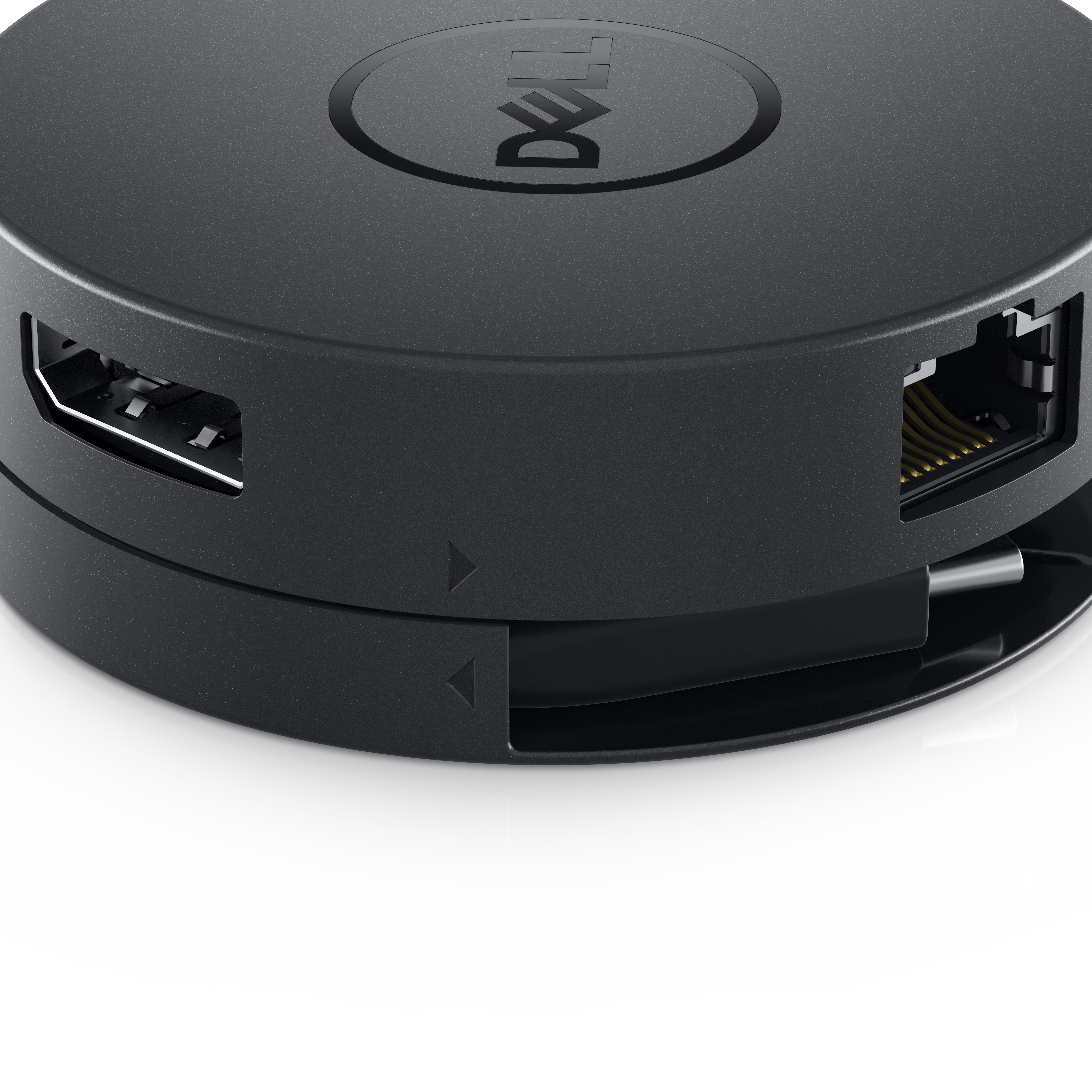 Ein schwarzer Dell-Hub mit mehreren Anschlüssen. Er hat einen HDMI-Anschluss und einen Ethernet-Anschluss. Das Dell-Logo ist sichtbar.