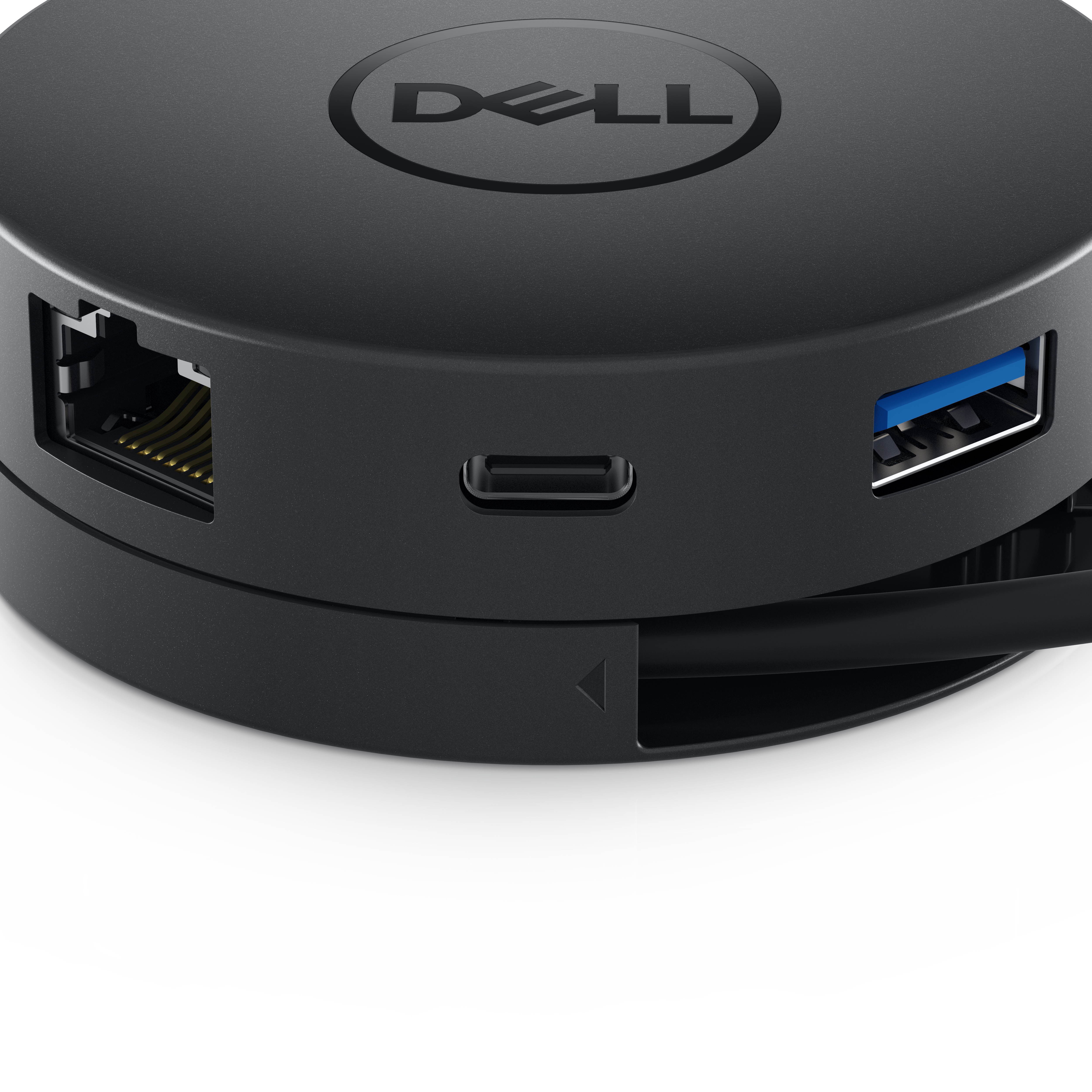 Dell Dockingstation, schwarz, mit verschiedenen Anschlüssen: USB, Ethernet und USB-C.