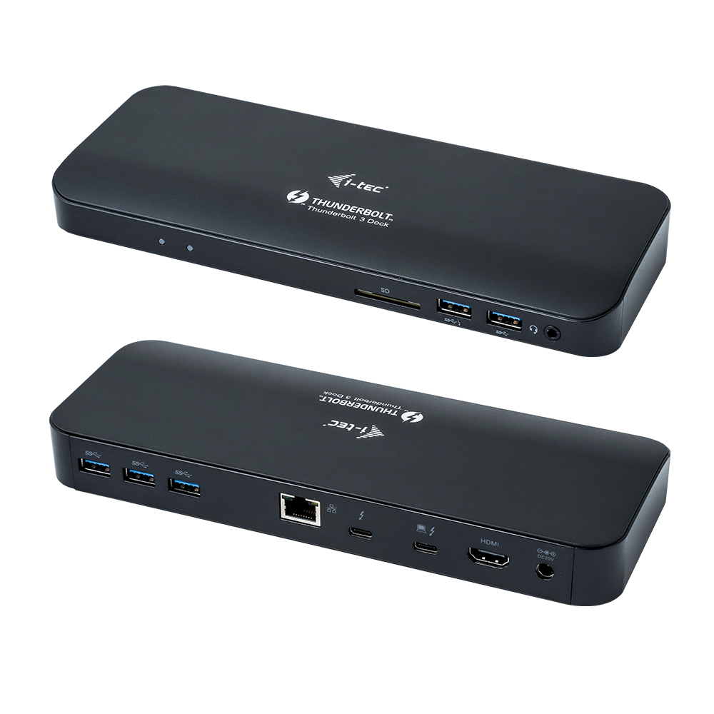 Due docking station nere, con varie porte, su sfondo bianco.