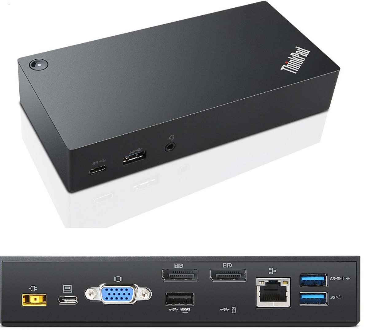 Docking station ThinkPad nera con più porte. Sono visibili la parte anteriore e posteriore.