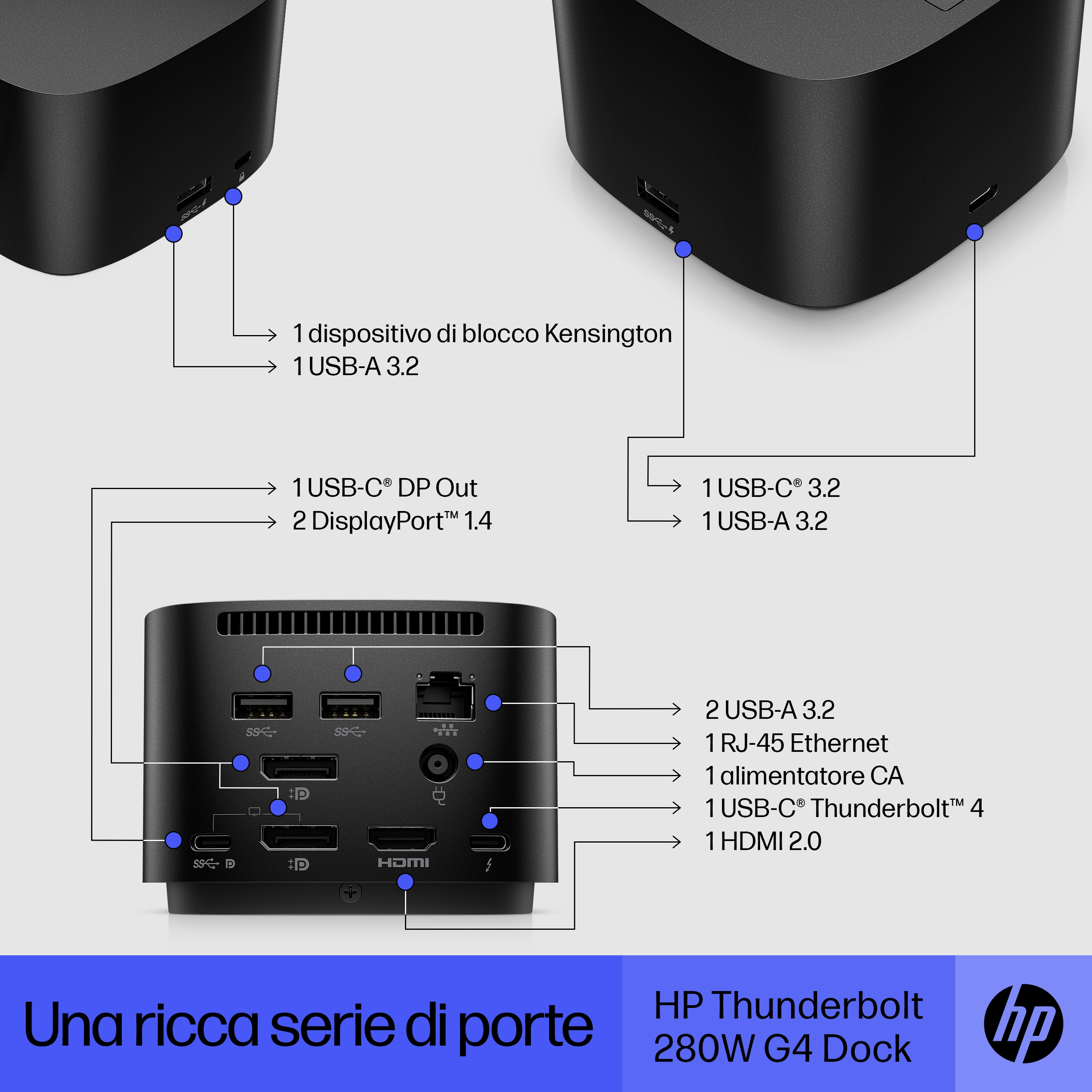 Diagramma di un dock per computer nero con descrizioni delle sue porte e funzionalità.