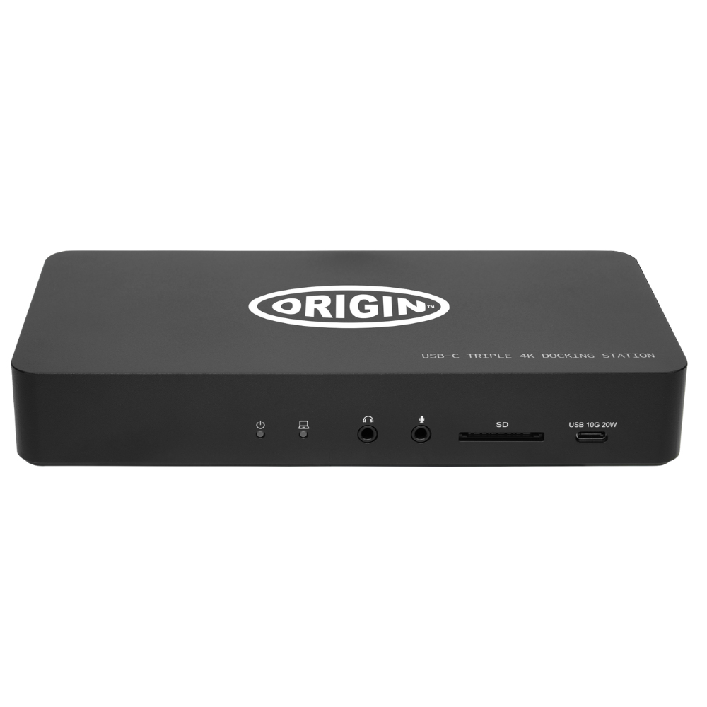 Docking station Origin nera con più porte e un logo, su sfondo bianco.