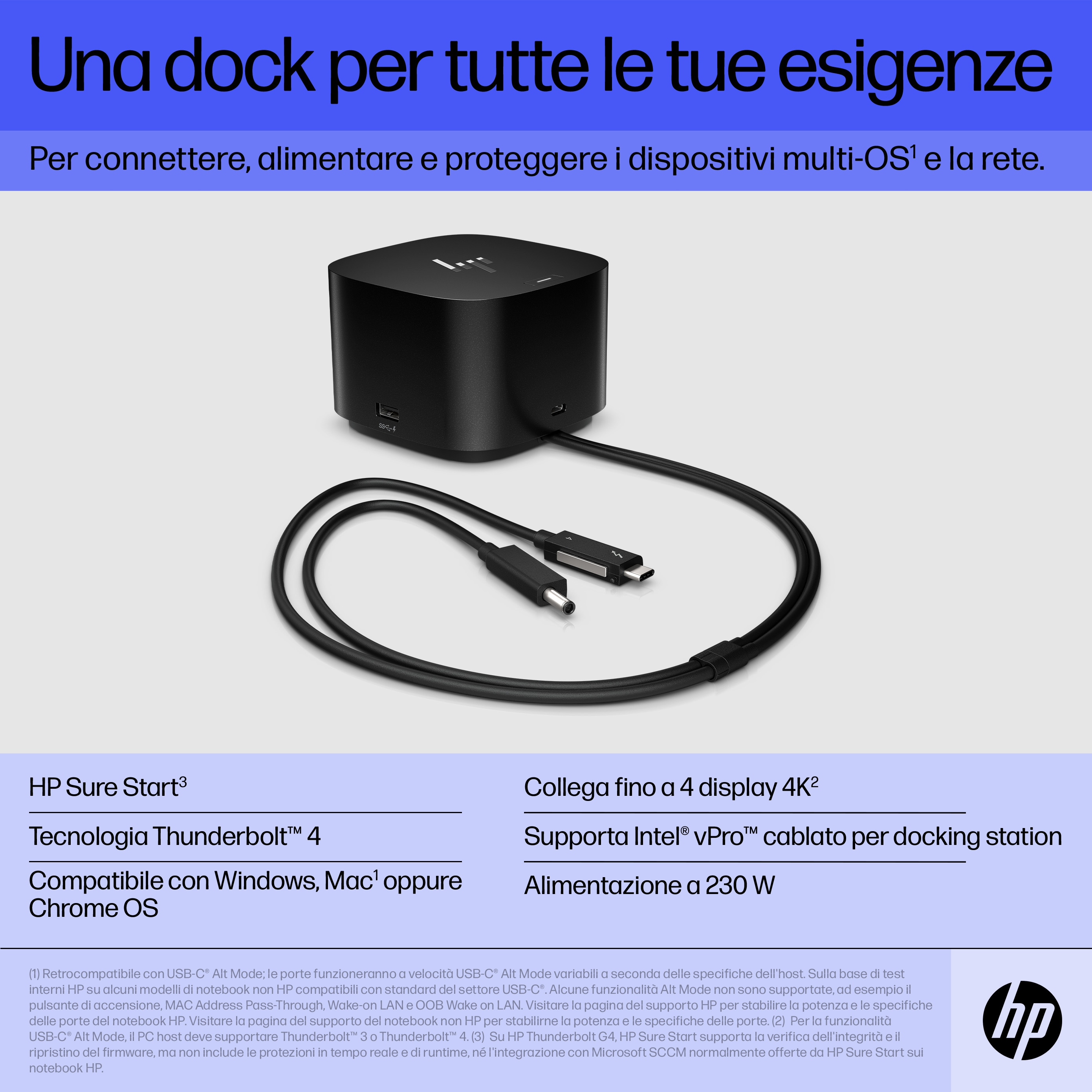 Docking station HP nera con cavo collegato e testo in italiano.