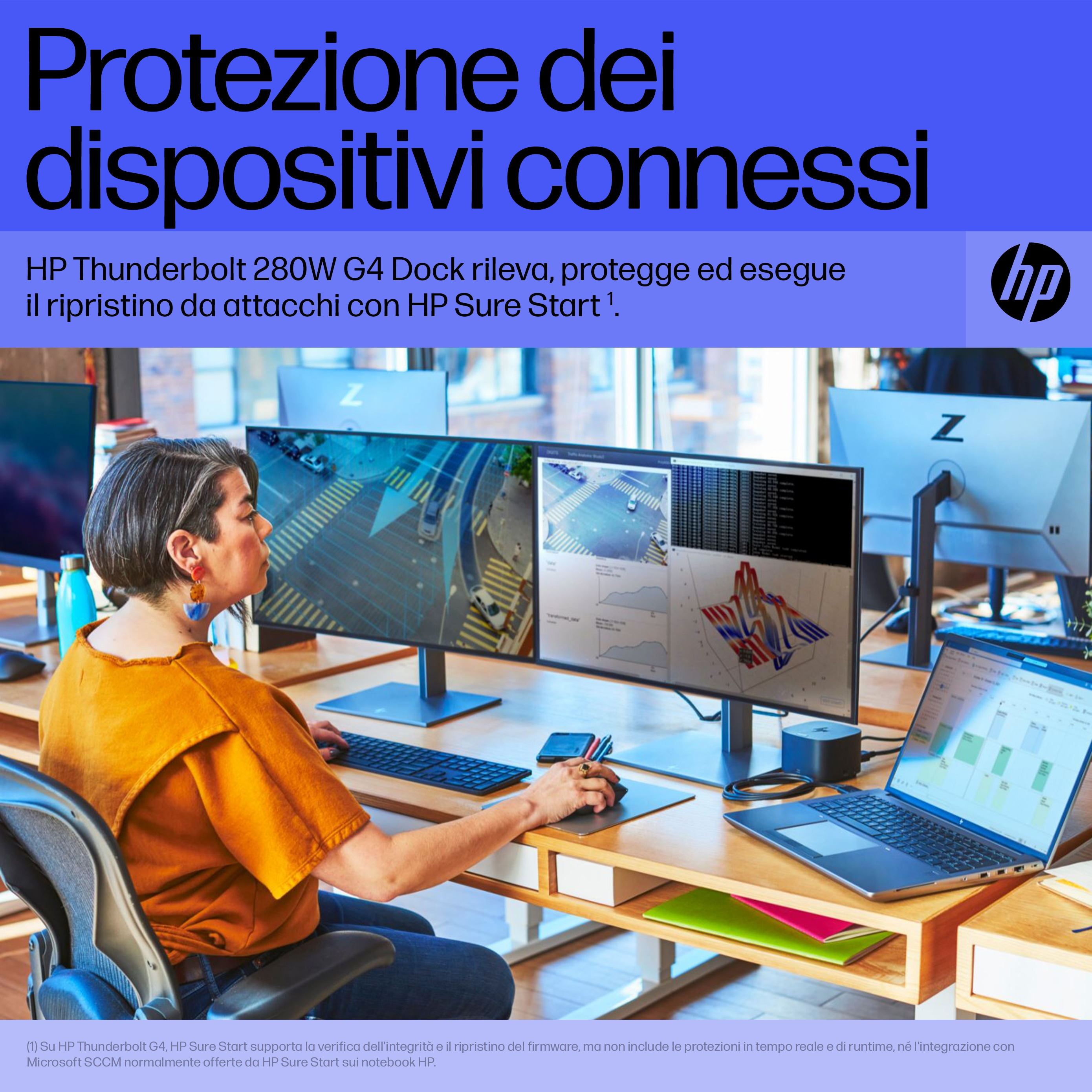 Una donna seduta a una scrivania usa un laptop e due monitor. Il logo HP è visibile.