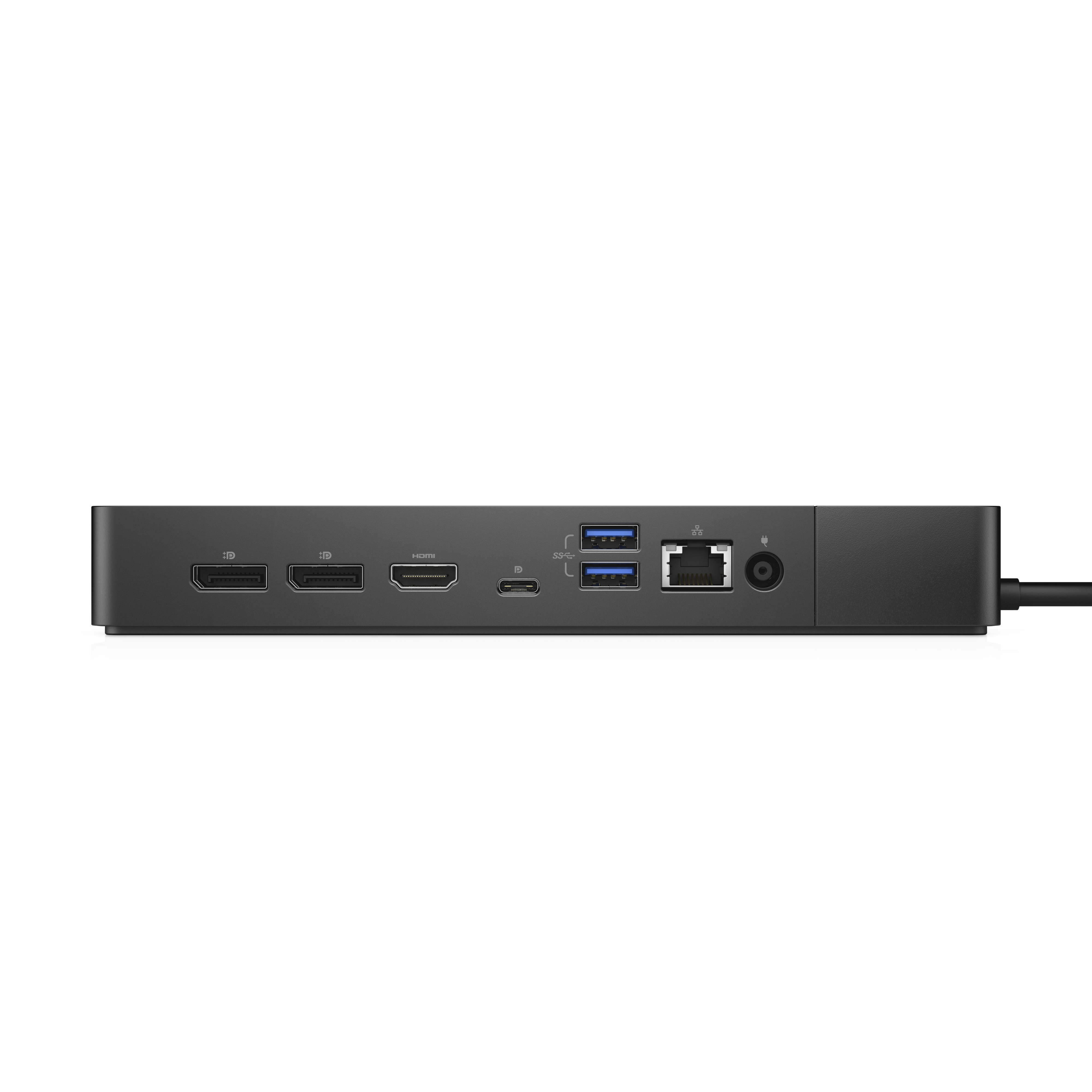 Retro di una docking station Dell nera con più porte. Un cavo è collegato.