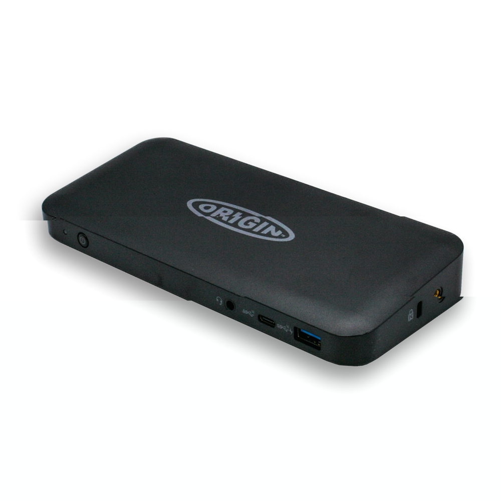 Dock per computer nero con porte, con la parola ORIGIN sopra.