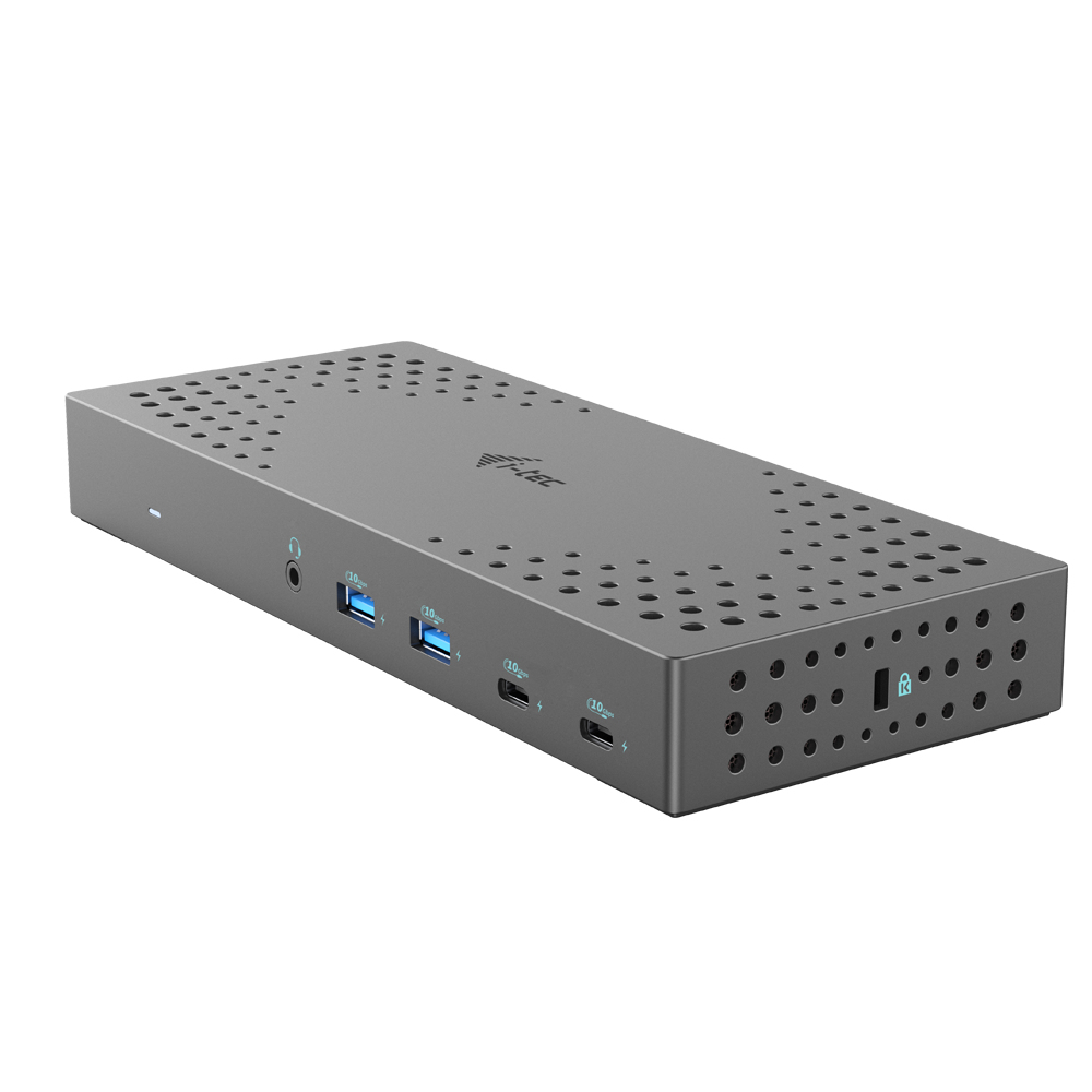 Grijze, rechthoekige H-TEC docking station met poorten en perforaties. Modern ontwerp.