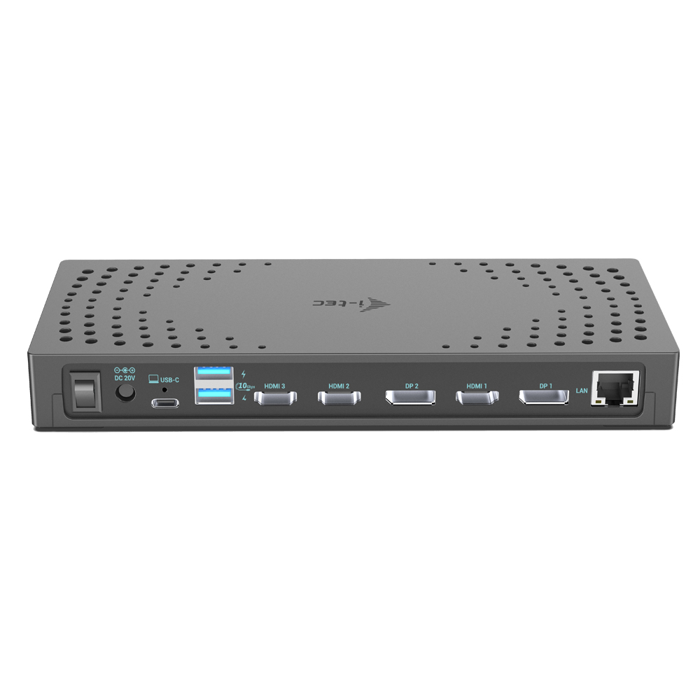 Zwart dockingstation. Meerdere poorten: USB-C, HDMI, DP, LAN. Aan/uit-knop links.