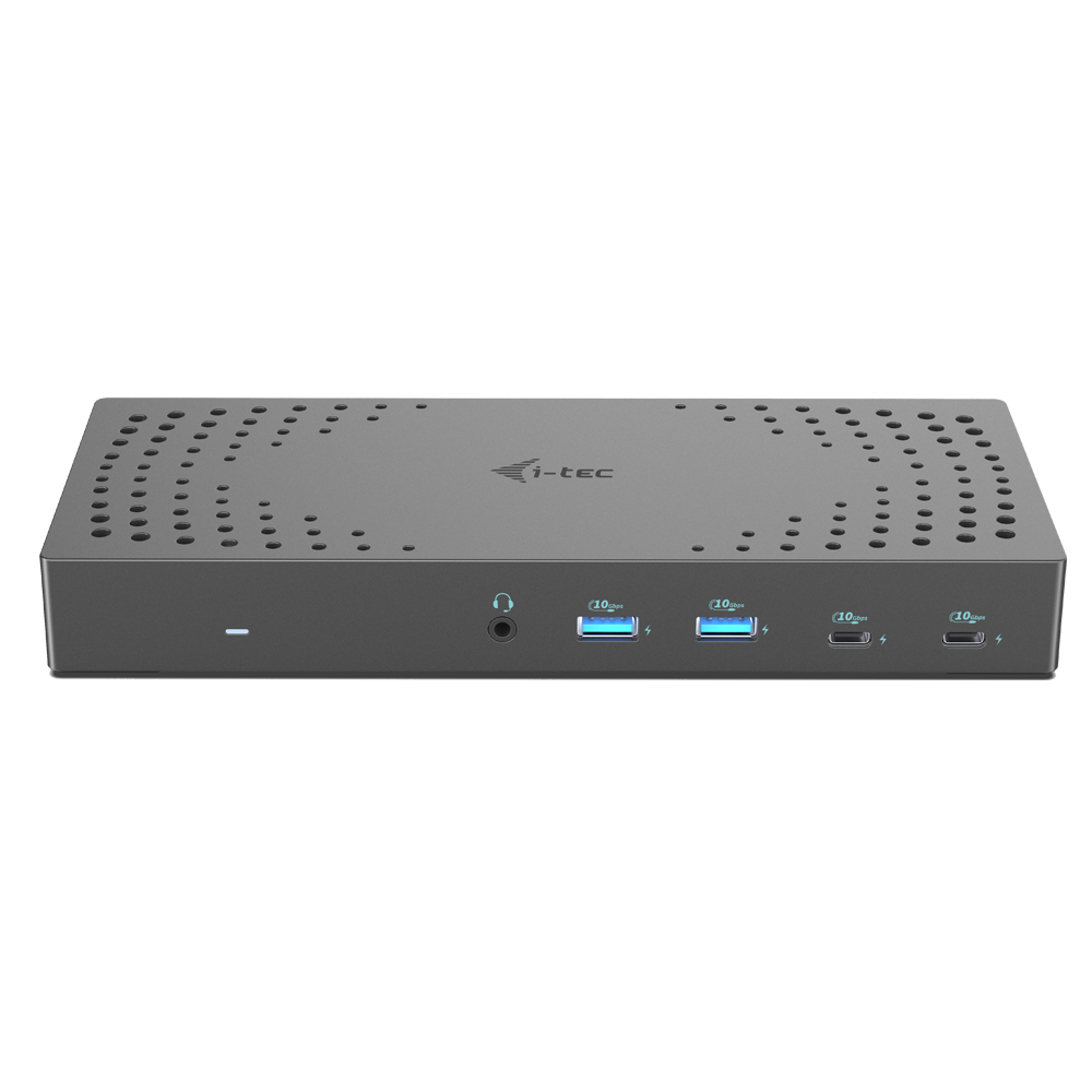 Een zwart dockingstation met meerdere poorten, waaronder USB en audio.