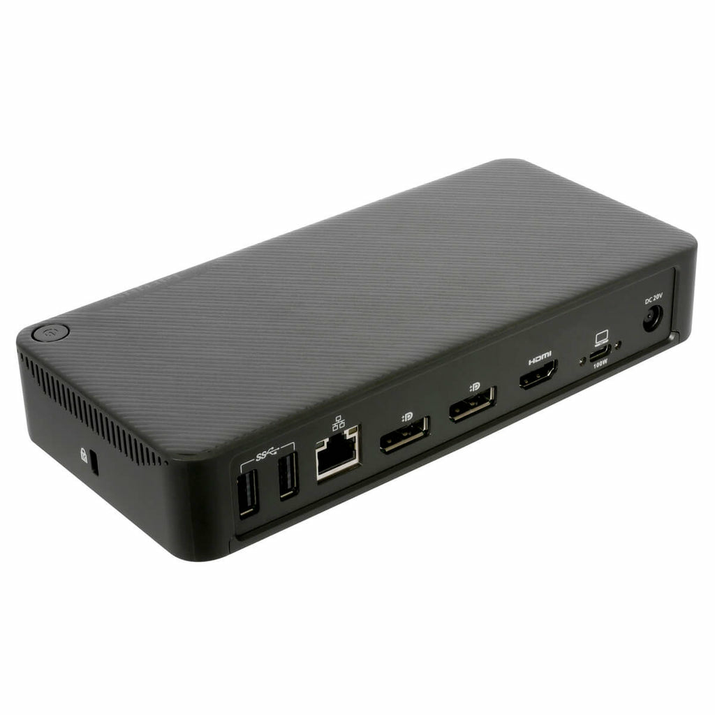 Docking station nera con più porte, tra cui USB, HDMI ed Ethernet, su sfondo bianco.