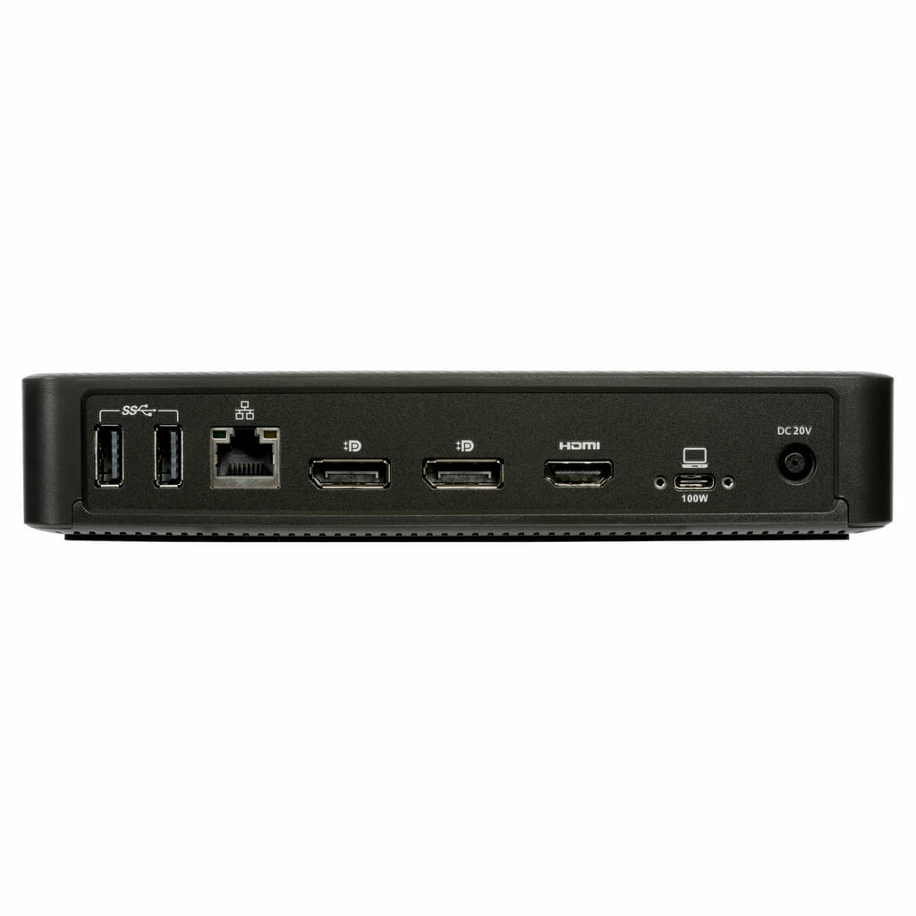 Vista posteriore di un hub nero. Diverse porte e connettori visibili.