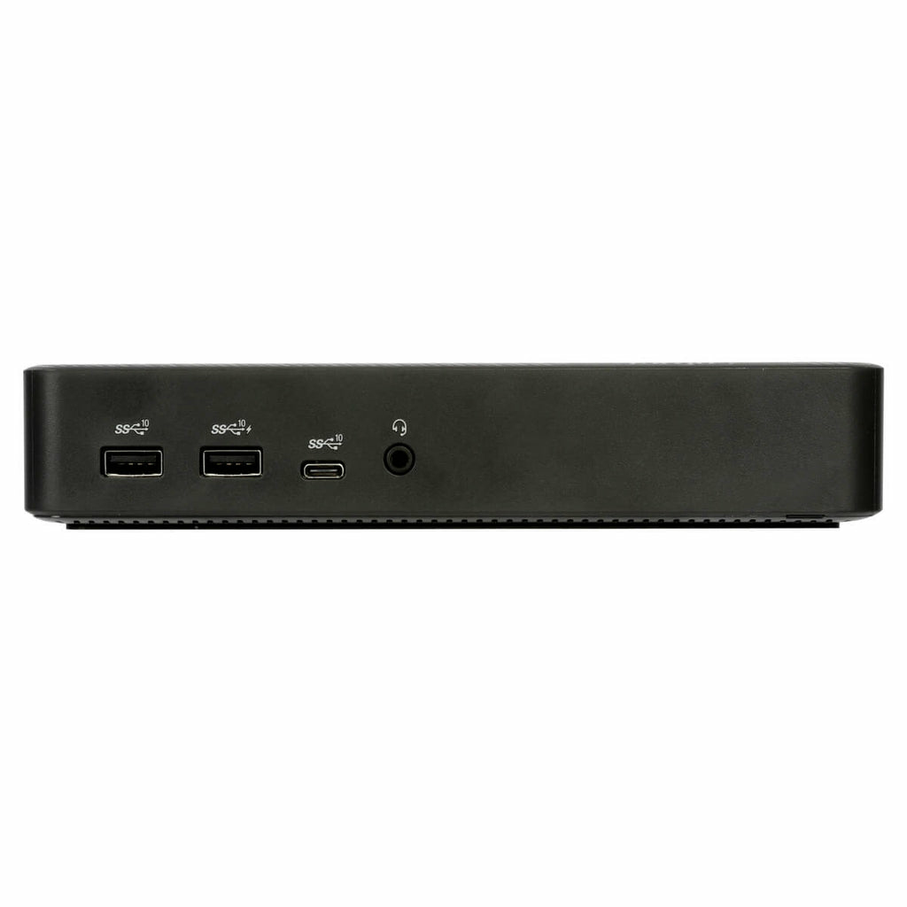 Docking station nera con diverse porte frontali, tra cui USB e audio.