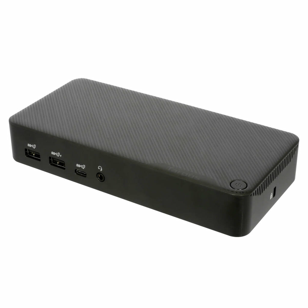 Una docking station Targus nera con superficie testurizzata, porte visibili lateralmente.
