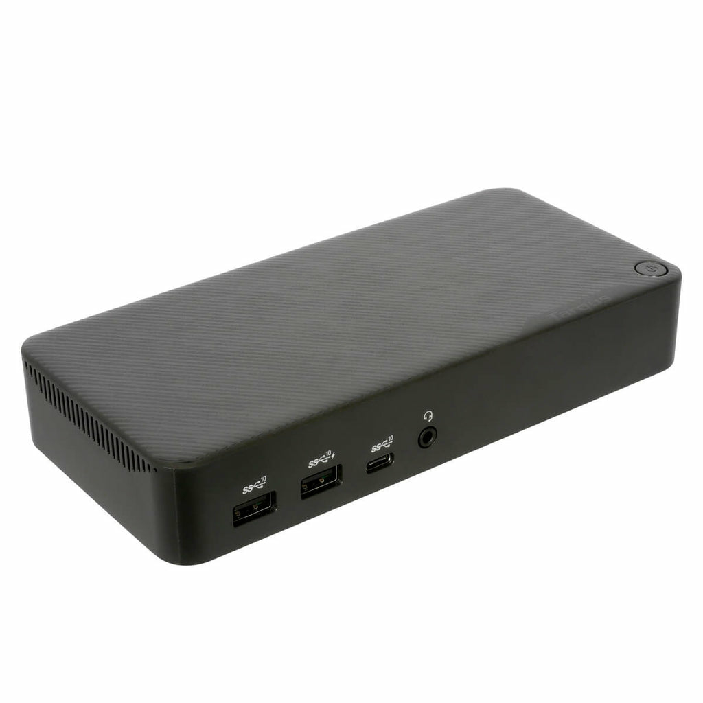 Docking station rettangolare nera con più porte.