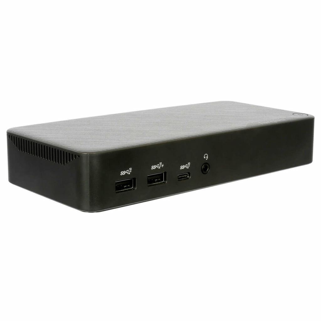 Docking station nera con porte. È rettangolare e ha una finitura grigio scuro. Sfondo bianco.