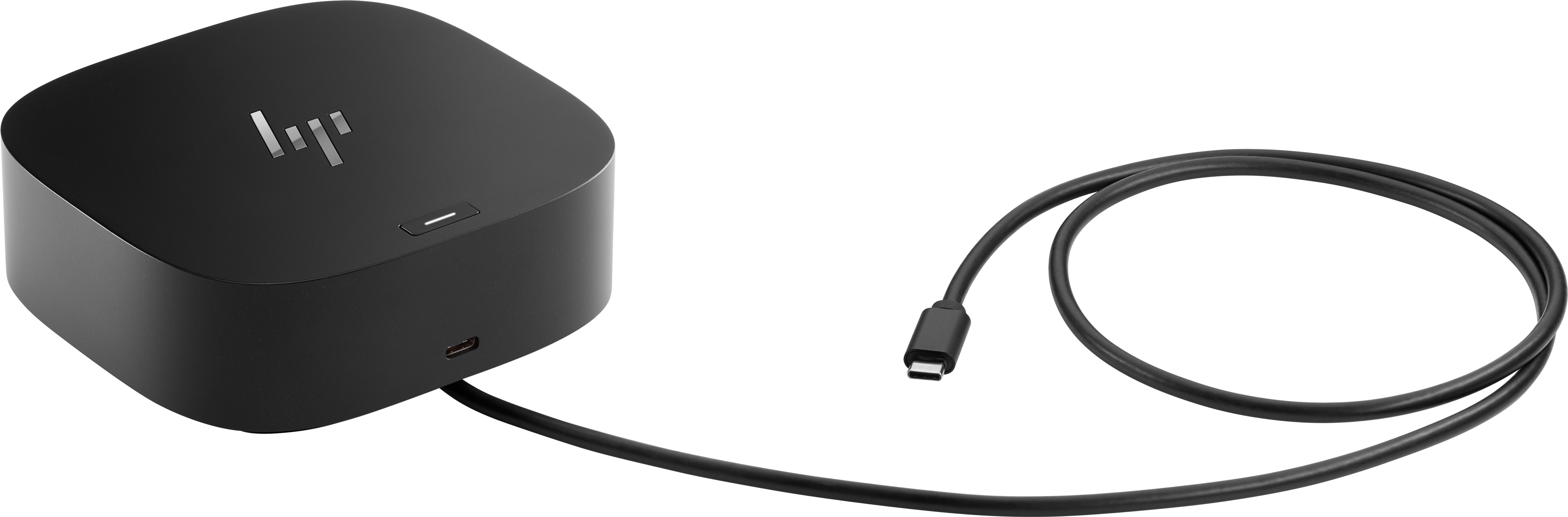 Una docking station HP nera con design curvo, un cavo USB-C è collegato.