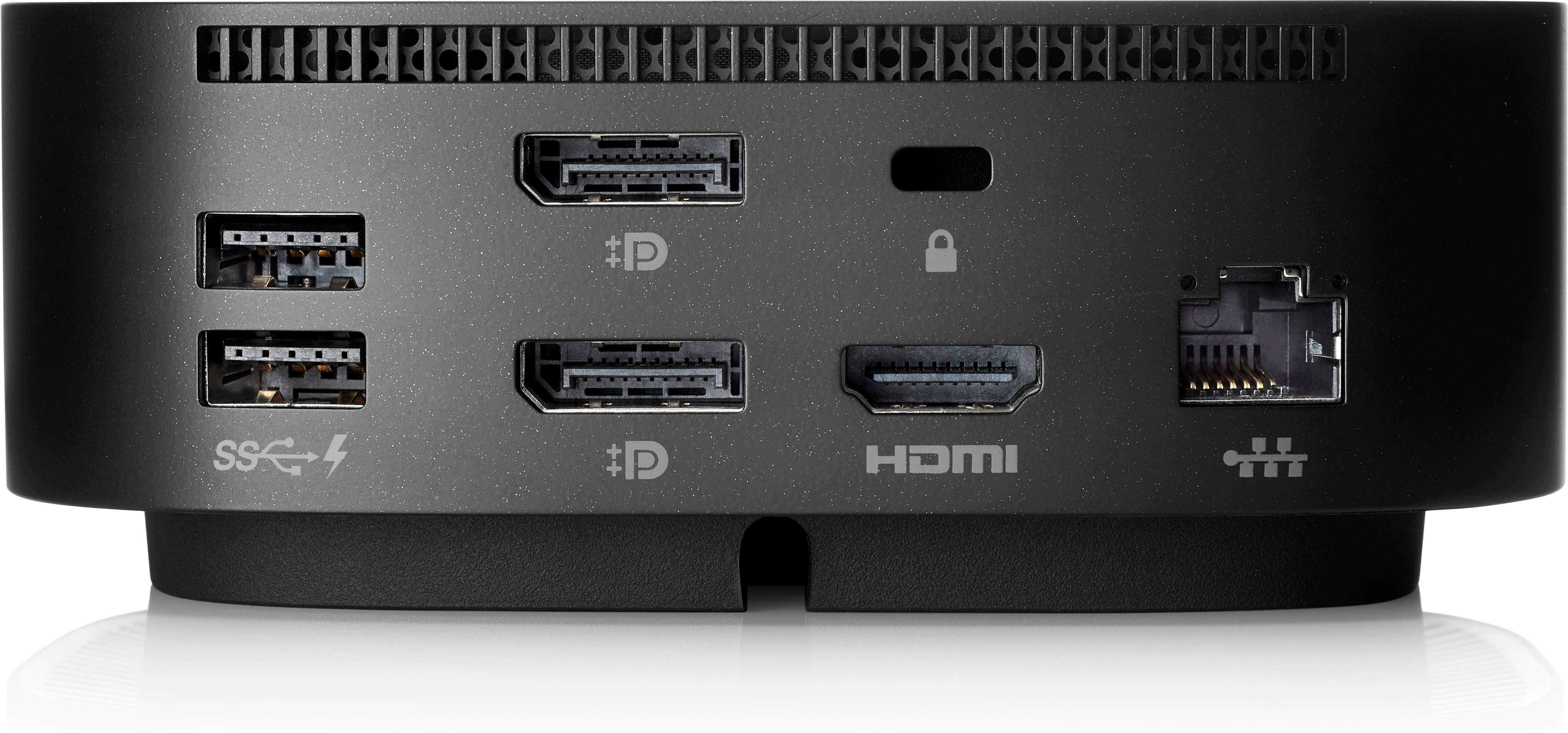 Vista posteriore della docking station nera con porte, tra cui HDMI, USB ed Ethernet.