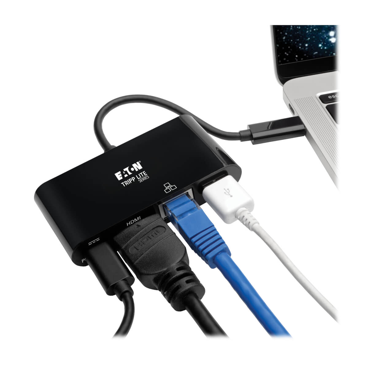 Docking station nera con porte HDMI, Ethernet e USB, collegata a un laptop.