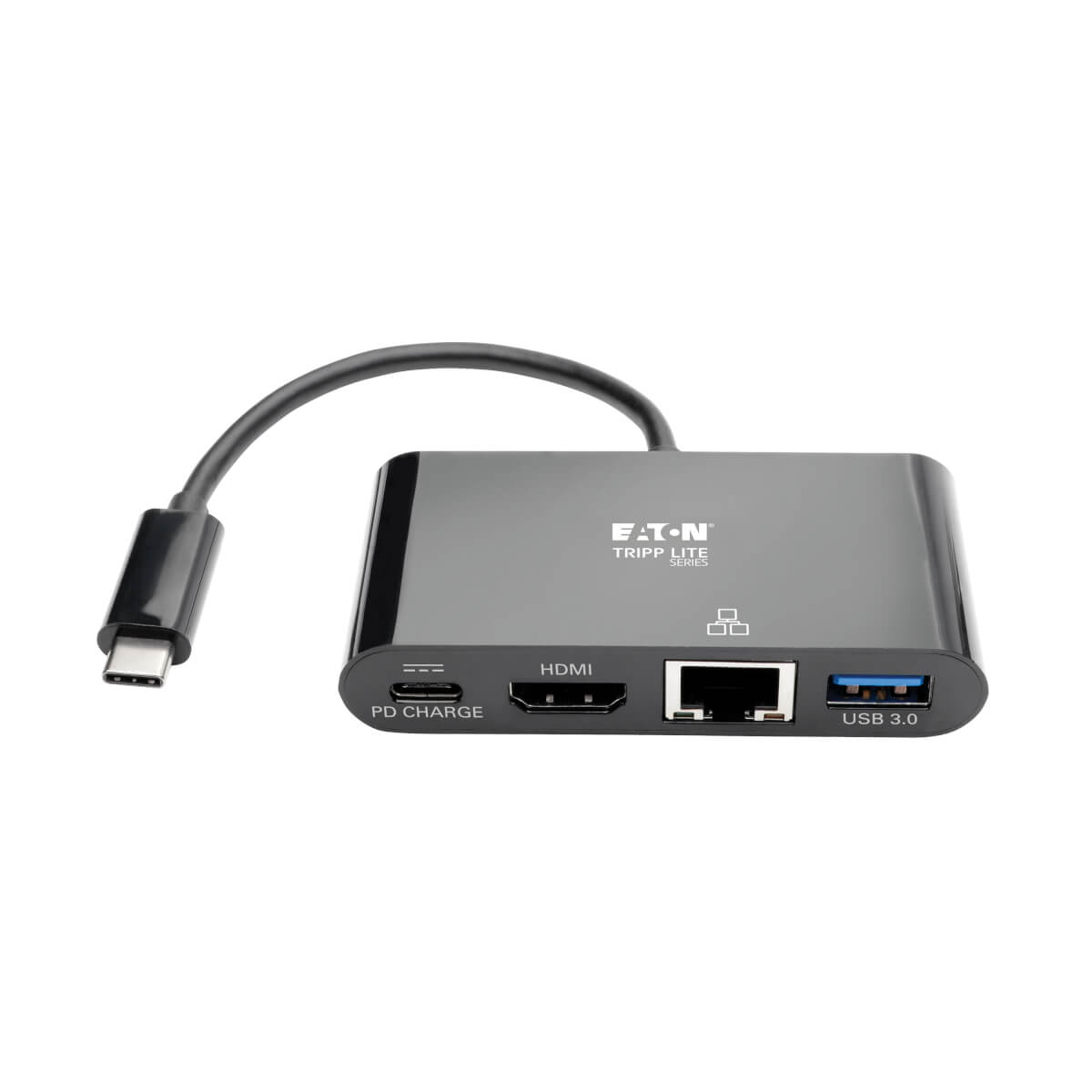 Docking station nera con porte USB, HDMI e PD. Cavo nero si estende a sinistra. Sfondo bianco.