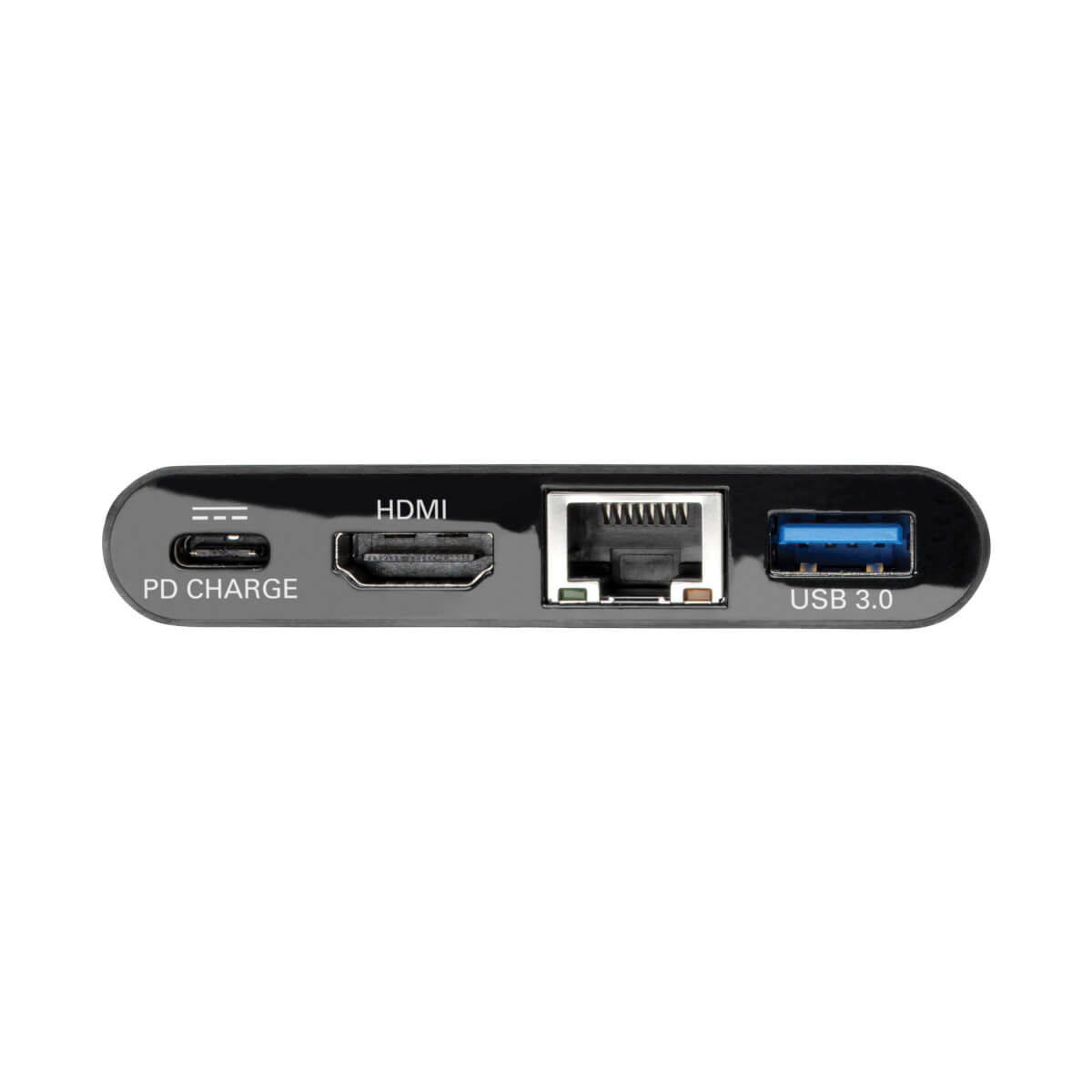 Primo piano delle porte della docking station: ricarica PD, HDMI, Ethernet e USB 3.0 su sfondo bianco.