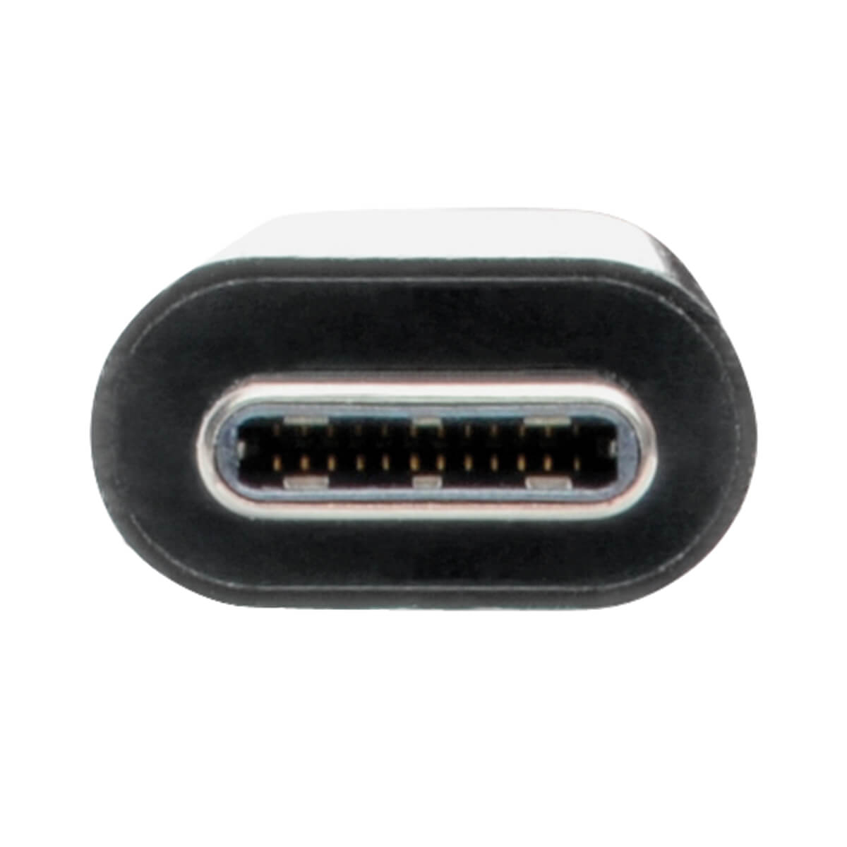 Primo piano di un connettore USB-C nero. Ha forma ovale, con un connettore metallico. Sfondo bianco.