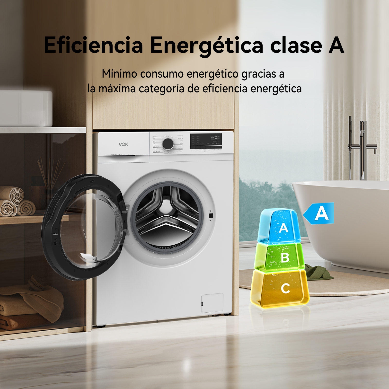 Lavadora en una habitación. Tiene clasificación energética A. Bañera al lado.